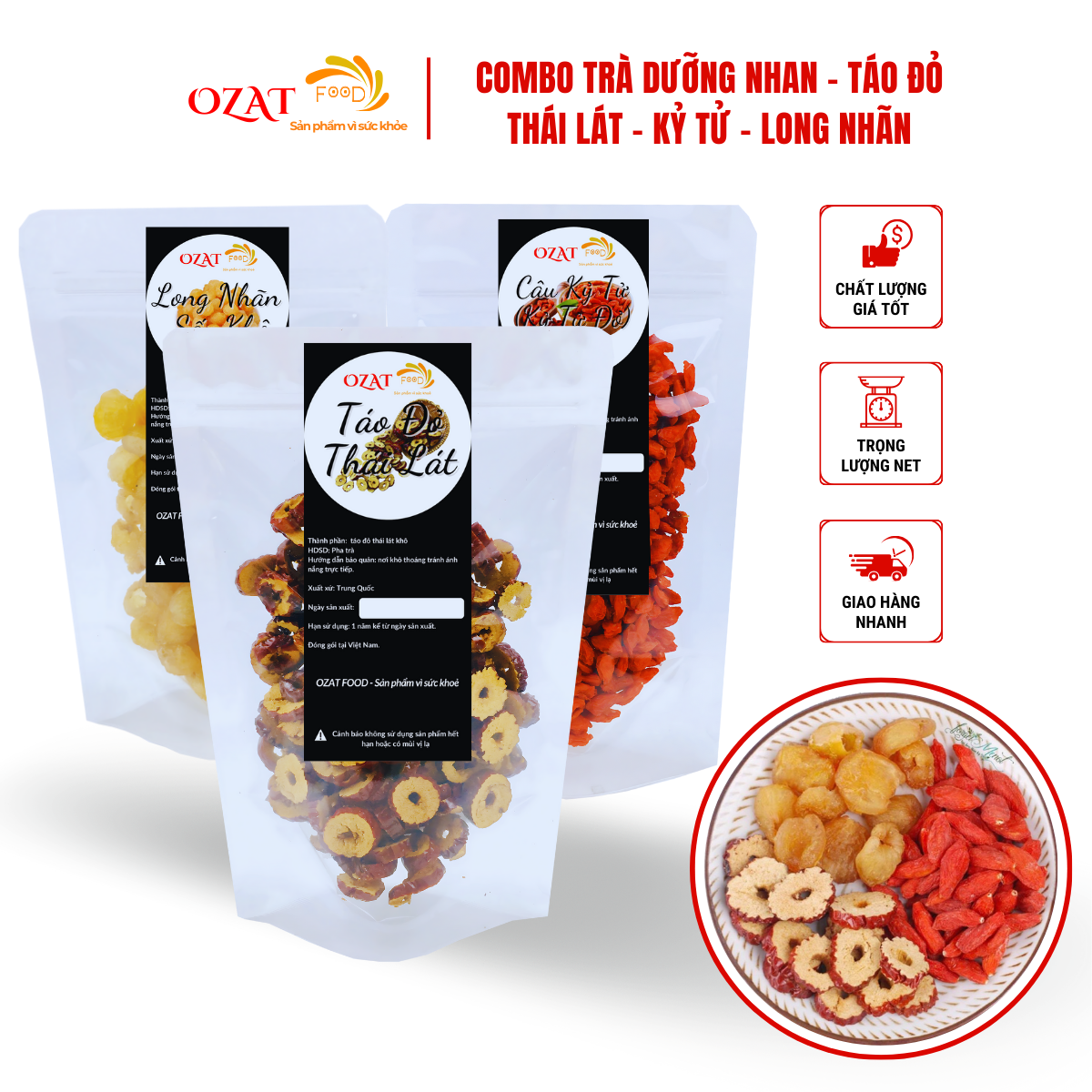 Combo Trà Dưỡng Nhan Kỷ Tử( Kỉ Tử) Long Nhãn Táo Đỏ Lát O.Zat Food Mỗi Loại 100G