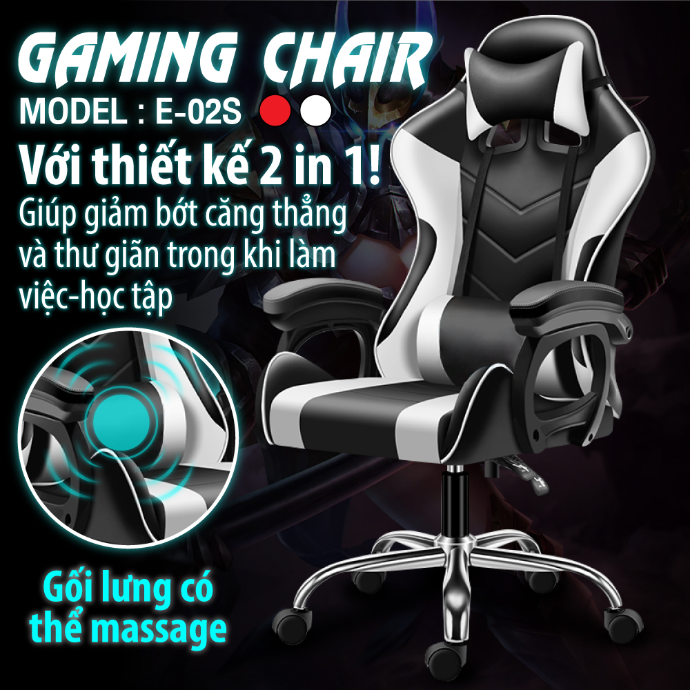 Hot Sale [HCM]GYM Ghế gaming cao cấp dành cho game thủ chân xoay 360 độ ngả 165 độ có gối massage lưng model mới E02-S PINK 1