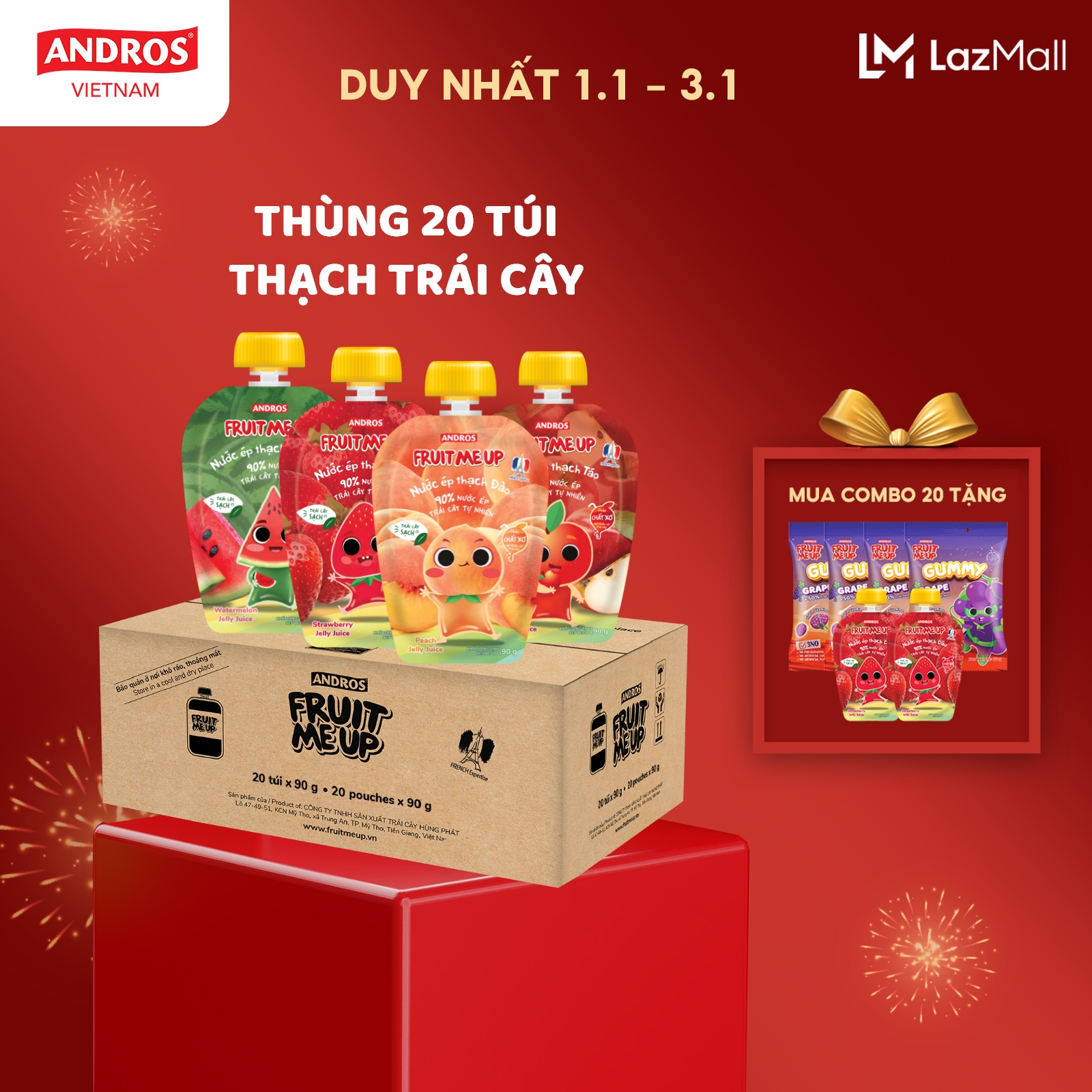  Thùng 20 Túi Thạch Trái Cây -  90% Nước ép trái cây thật - ANDROS FRUIT ME UP - 90gx20 