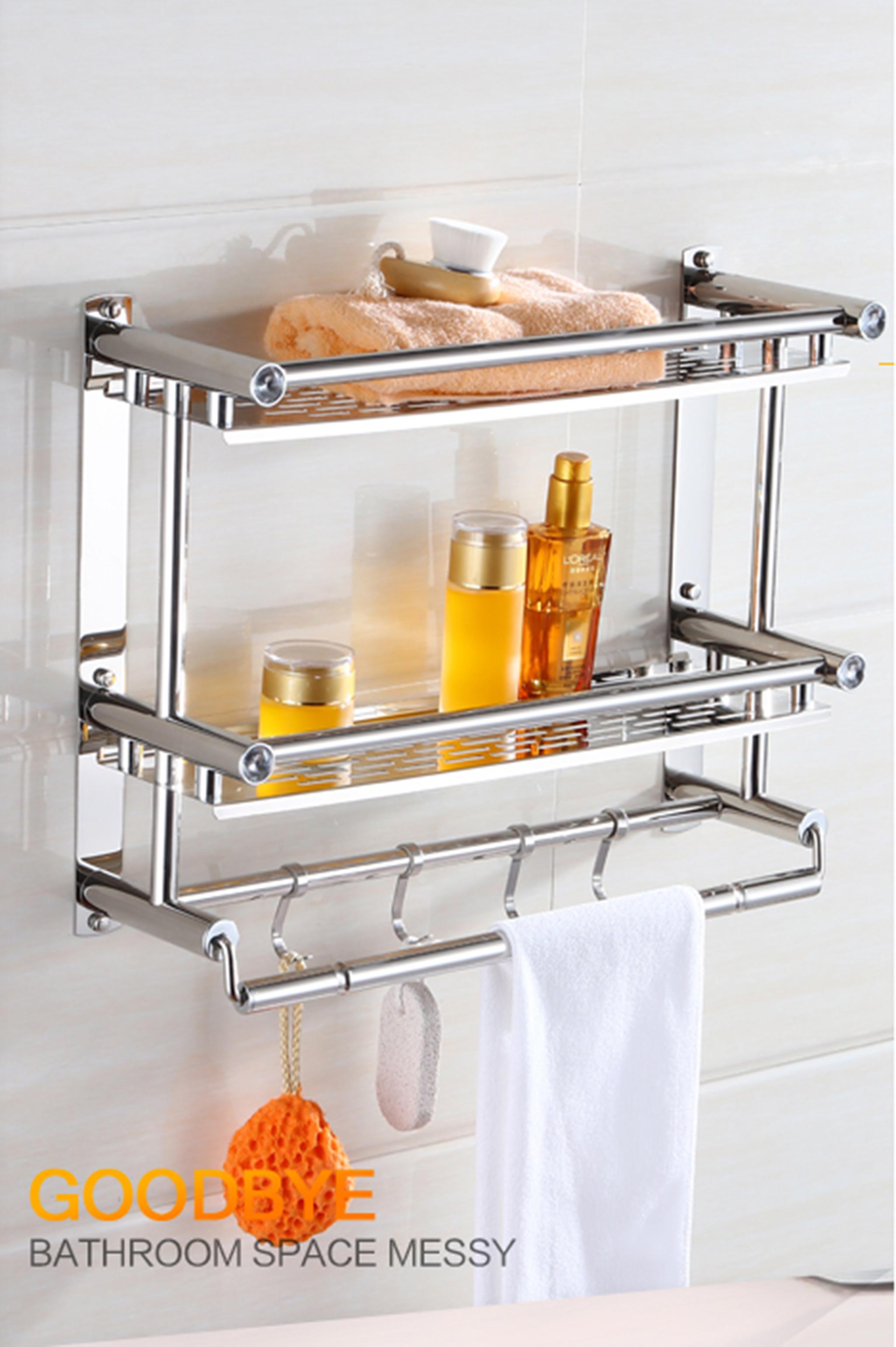 Kệ inox, giá inox dán tường 2 tầng có móc treo 40cm - Giá treo inox nhà tắm RE0160