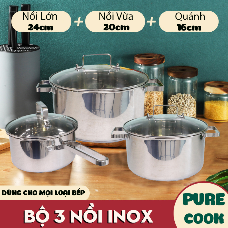 Bộ nồi inox 3 món - size 16cm, 20cm, 24cm - bộ nồi dùng cho tất cả các loại bếp - bộ nồi 3 món - 2 nồi, 1 quánh - nấu vạn món ngon