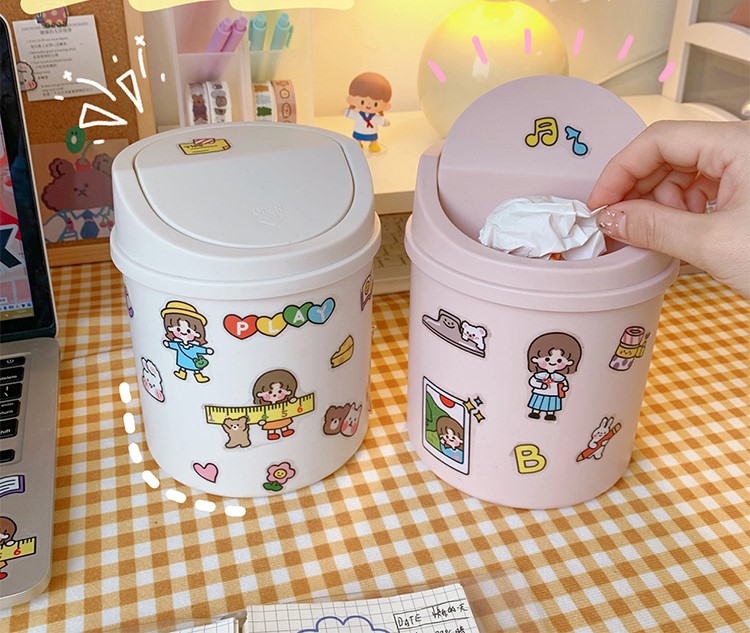 Thùng rác mini để bàn, hộp đựng đồ đa năng, dạng nắp lật đặc biệt tặng kèm sticker trang trí dễ thương