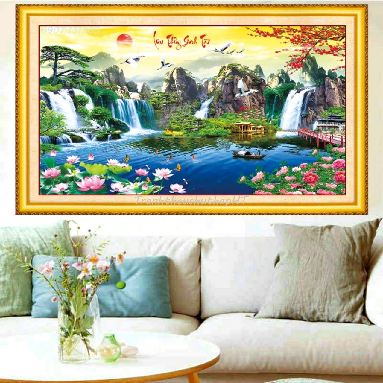 Tranh thêu 3D Lưu thủy sinh tài 100x55cm - chư thêu