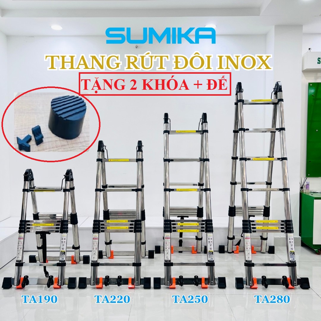 Thang Rút Đôi Sumika, Thang INOX Chữ A SUMIKA TA190 TA220 TA250 TA280, Chữ A 1.9m Đến 2.8m- duỗi thẳng 3.8m đến 5.6m, Tải Trọng 300kg,