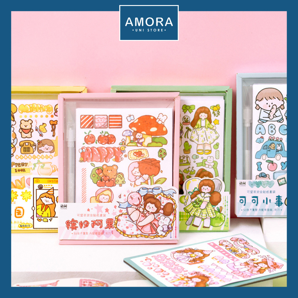 [HCM]SET 50 miếng dán A6 trang trí - Tặng kèm bộ dụng cụ thủ công trang trí sổ tay Bullet Journal - Amora UNI