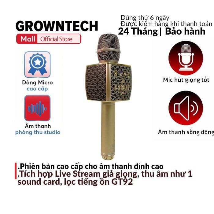 Micro karaoke bluetooth GROWNTECH YS 92 lọc tiếng ồn thu âm pin lâu hát 8 tiếng bảo hành 2 năm