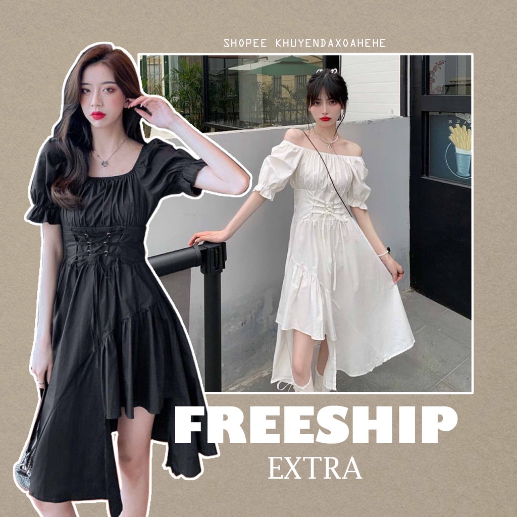 V019 Váy nữ dáng xòe xẻ chân thắt nơ eo tiểu thư, đầm dài dáng xòecổ vuông tay bồng đen trắng bánh bèo nữ tính