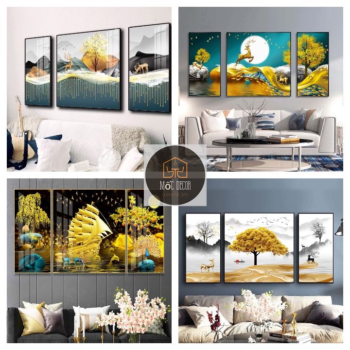 Thanh lý 20 mẫu tranh tráng gương combo 3 bức cỡ to dài 1,6m hoặc 1,8m tranh có khung và chốt treo sau, tặng kèm đinh treo, tranh treo phòng khách, tranh trang trí spa khách sạn