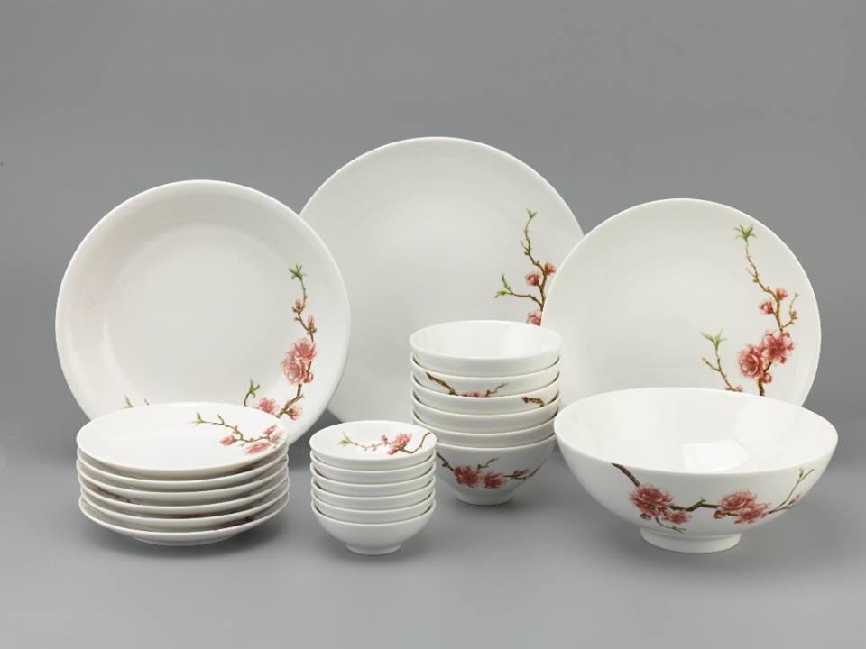 Bộ chén dĩa sứ Minh Long 22 sản phẩm DAISY IFP Hồng Đào dùng cho gia đình, sứ đẹp cao cấp dùng đãi khách, tặng quà tết - bộ bàn ăn