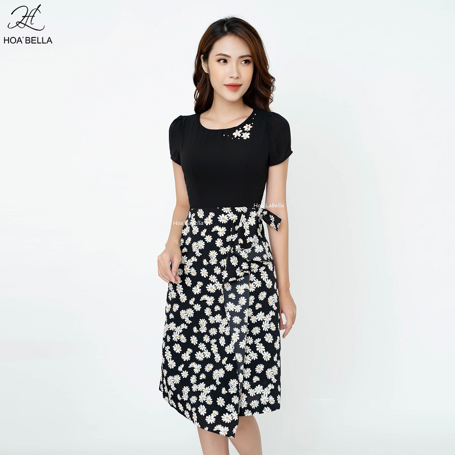 Đầm liền hoabella hoa cúc thắt nơ eo chất lụa siêu xinh