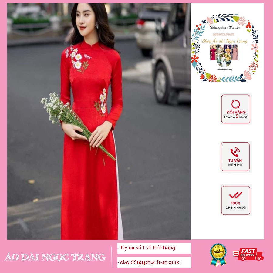 Áo dài truyền thống thêu hoa màu đỏ, lụa Tây thi┃Áo Dài Ngọc Trang may sẵn đủ size