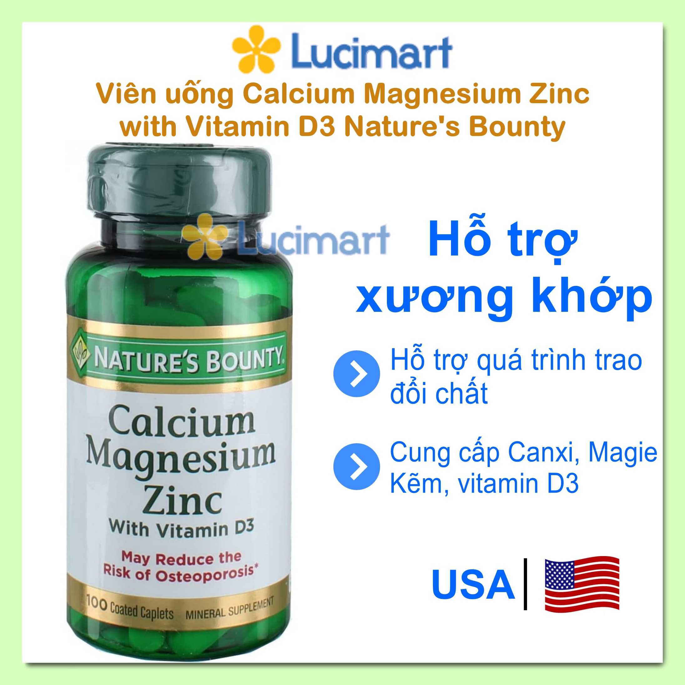 [HCM]Viên uống Calcium Magnesium Zinc bổ sung Canxi Kẽm Magie với Vitamin D3 Nature’s Bounty hũ 100 viên [Hàng Mỹ]