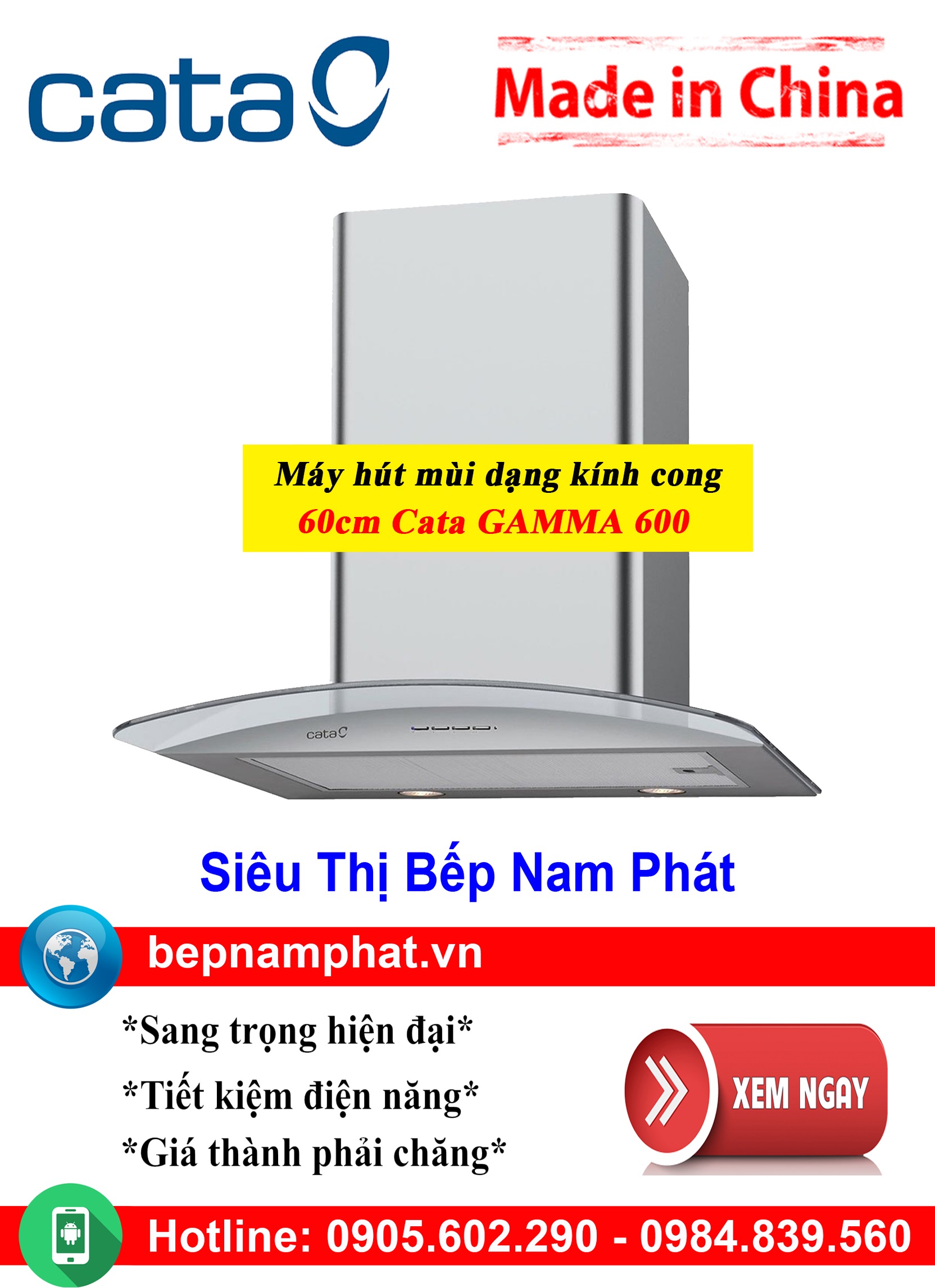 Máy hút mùi Cata Gamma 600 - Kính cong, thép không gỉ, 60cm, turbin đôi, lưu lượng khí 1200m³/h