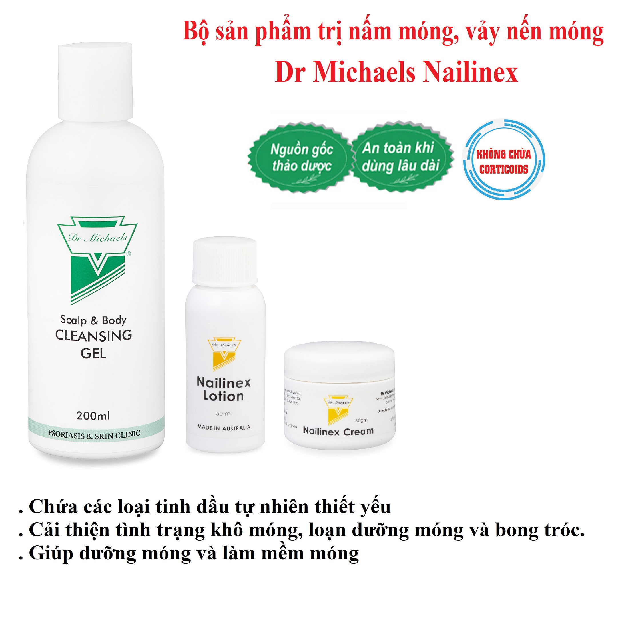 Bộ sản phẩm gel rửa, lotion , kem bôi 50g tốt cho nấm móng tay chân dr michaels nailinex - otc