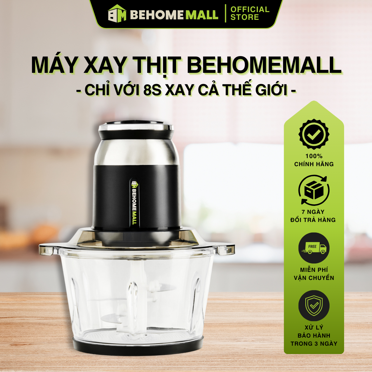 Máy xay thịt BEHOMEMALL cối thủy tinh chịu lực công suất 500W lưỡi dao