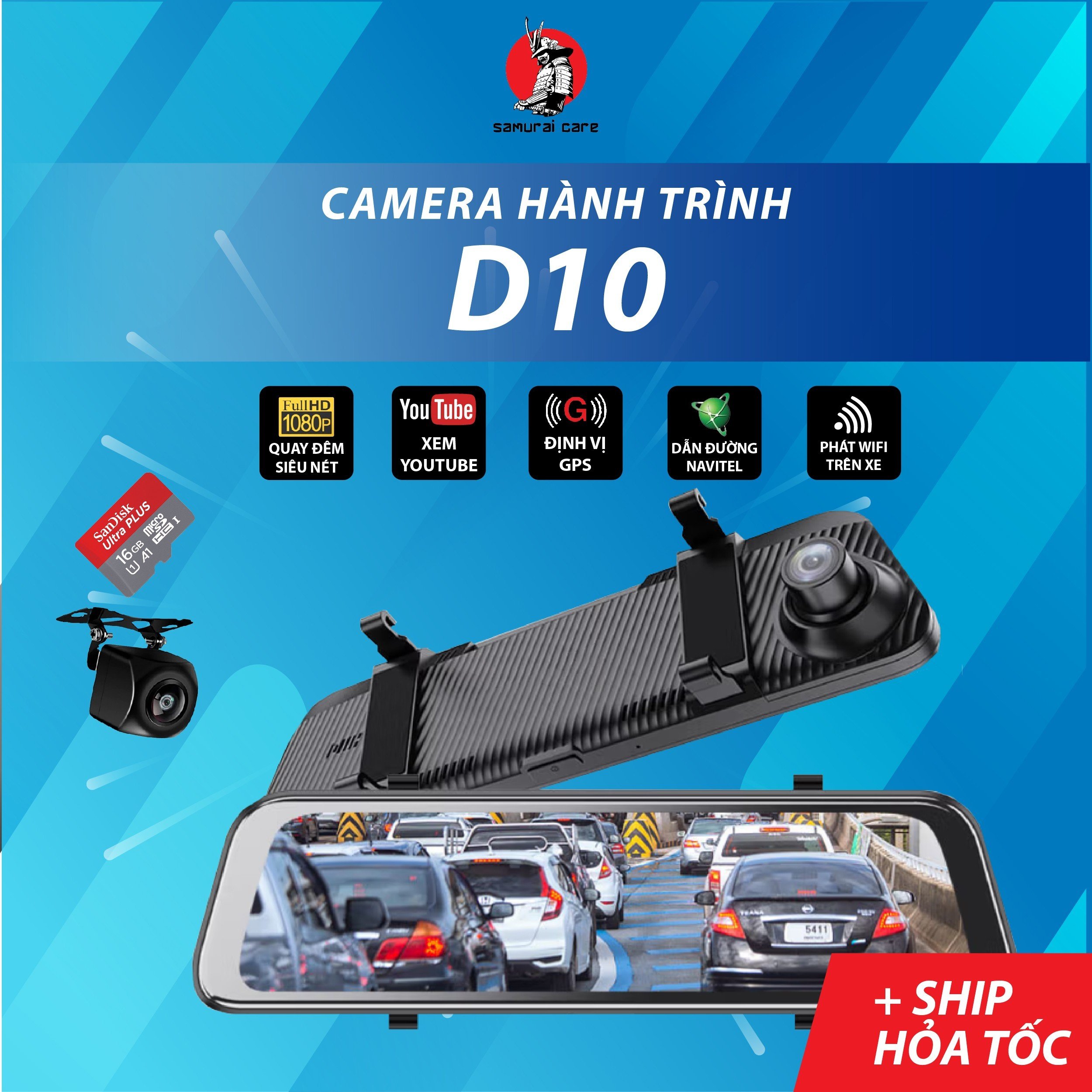 Camera Hành Trình Gương D10 Màn Hình Cảm Ứng 10inch full HD 1080P Full HD Phát Hiện Chuyển Động Ghi Hình Trước Sau Ghi Âm Bảo Hành 12 tháng