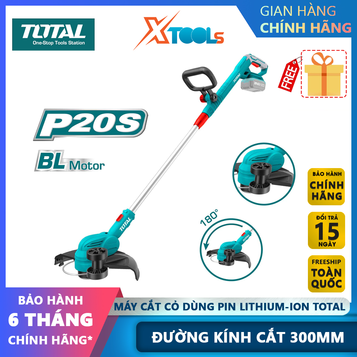  Máy cắt cỏ dùng pin TOTAL đường kính cắt 300mm cắt bằng dây cước xoắn 1.6mm chiều dài dây cước 5mxtools 