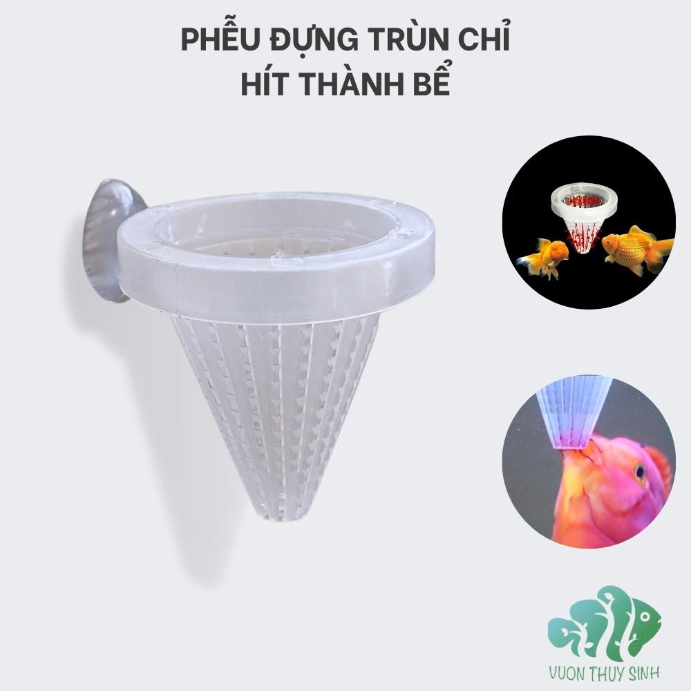 Phễu đựng trùn chỉ cốc nhựa đựng giun cho cá ăn gắn thành bể kèm hít kính thuận tiện