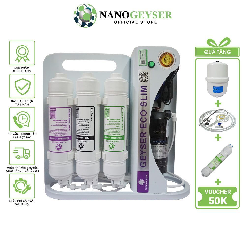 Máy lọc nước Nano Geyser ECO SLIM, Công nghệ lọc nước tinh khiết RO, Bảo hành điện tử 5 năm qua app chính hãng