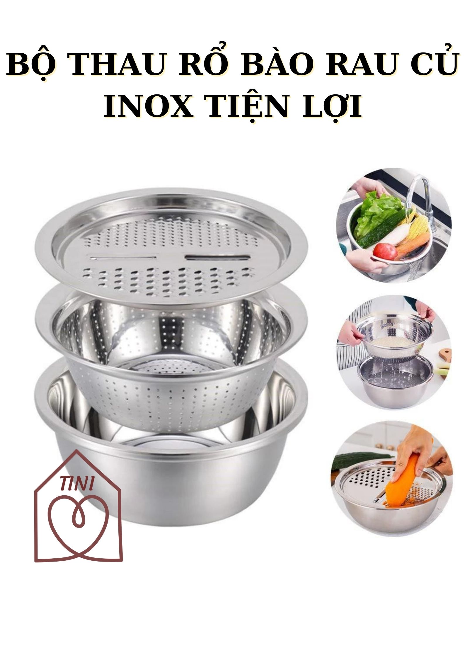BỘ MÂM NẠO INOX 3 TRONG 1, BỘ THAU RỔ BÀO RAU CỦ INOX KHÔNG RỈ 26CM, BỘ RỔ INOX KÈM NẠO RAU CỦ TIỆN DỤNG, BỘ DỤNG CỤ BẾP ĐA NĂNG, DỤNG CỤ THÁI CẮT RAU CỦ TIỆN LỢI, BÀO NẠO RAU CỦ KIÊM RỔ VÀ CHẬU INOX CAO CẤP ĐA NĂNG TINI SHOP HCM
