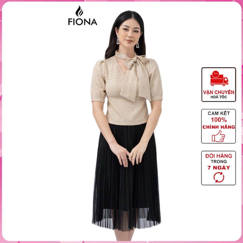 Áo sơ mi croptop cổ tim, áo sơ mi côn sở kẹp nơ trang trí fiona f551306