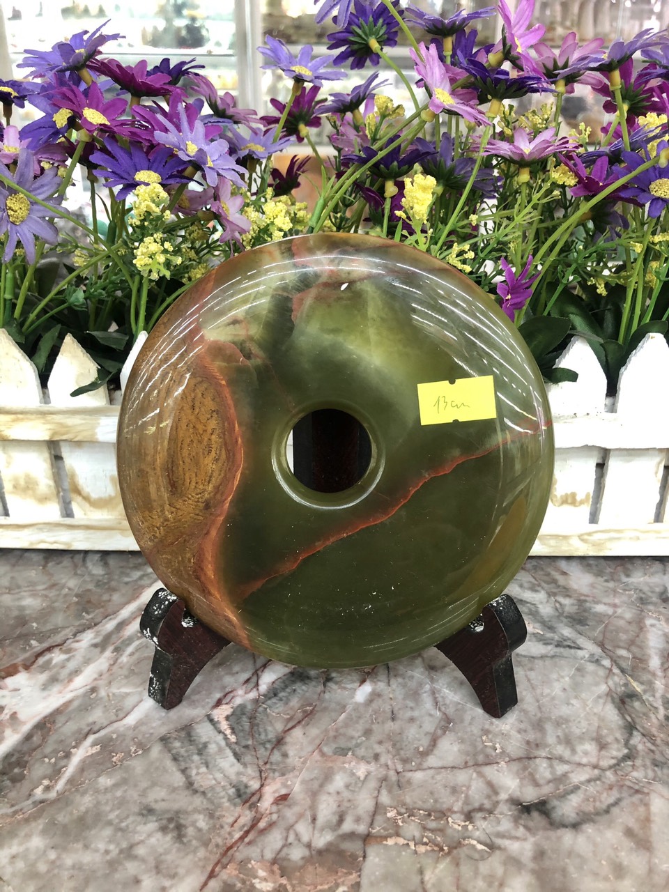 Đồng điếu phong thủy đá ngọc Onyx xanh nhạt - Đường kính 13cm