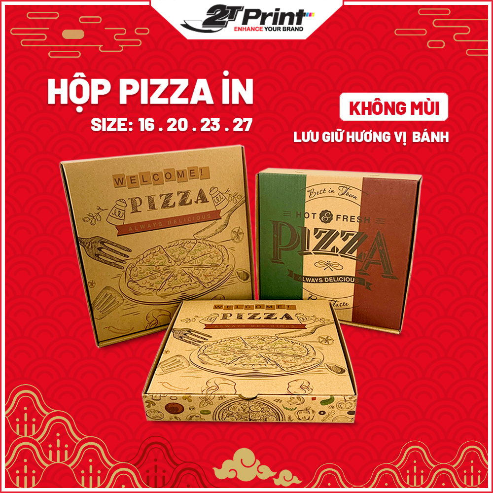SET 10 Hộp Pizza In Sẵn Kích Cỡ 16, 20, 23, 27cm, Màu Sắc Đẹp, Hộp Cứng Cáp Hiện Đại, Hộp Đựng Pizza Không Mùi, An Toàn Thực Phẩm