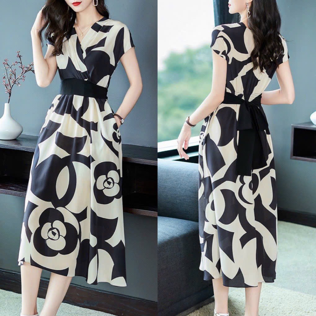 Đầm váy midi họa tiết hoa trà cổ v sang trọng chất lụa mango cho nữ thường ngày size M,L,XL
