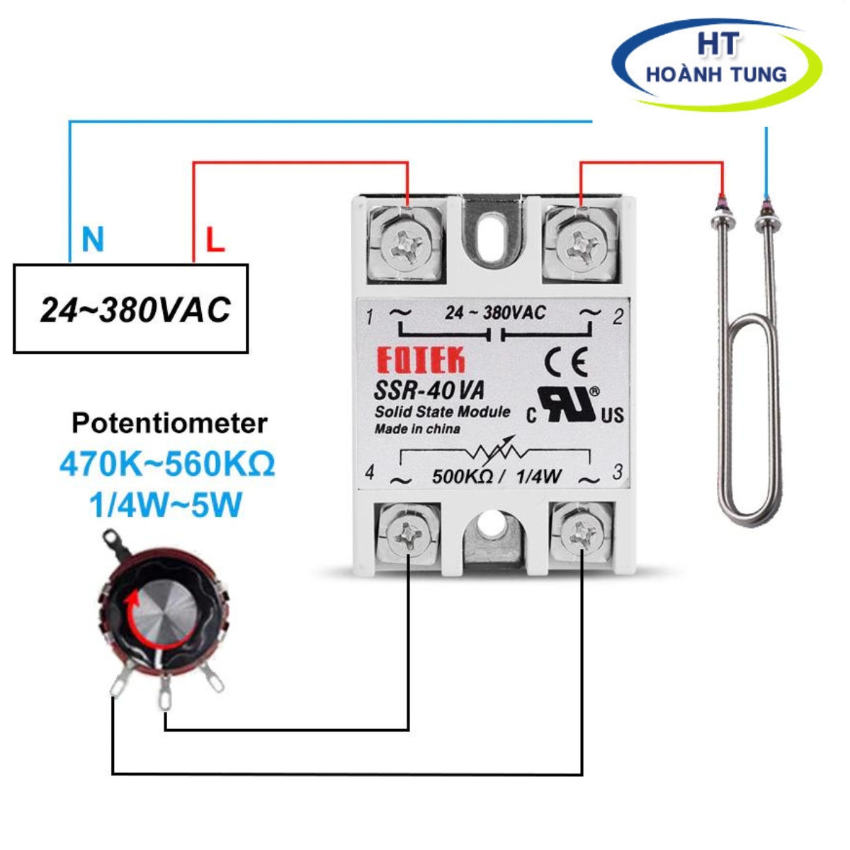 Rơ le bán dẫn ssr-40va-h, ssr-75va-h, ssr-100va-h loại 1 pha điều chỉnh biến trở 470-560k/2w sang 90-480vac