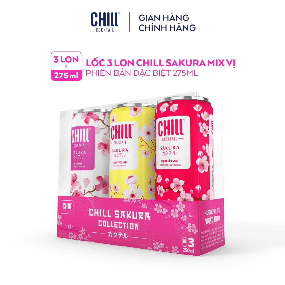 Lốc 3 Lon Chill Cocktail Sakura Phiên Bản Đặc Biệt Mix Vị Dưa Hấu Sake, Vải Sake Và Cam Yuzu Sake (3 lon x 250ml)