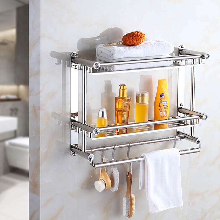 Giá Inox SUS304 3 tầng treo đồ nhà tắm, Kệ dính tường chịu lực kèm bộ vít nở lắp đặt không cần khoan - BH 1 Đổi 1