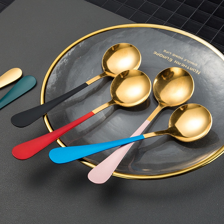 Thìa Tròn Inox Mạ Vàng Cán Dài Nhiều Màu Cao Cấp - Muỗng Ăn Cán Dài Chống Trượt