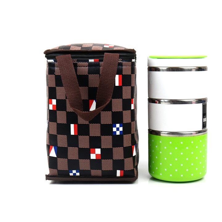 Bộ Hộp cơm 3 tầng inox và túi nhiệt đứng lá cờ sắc màu