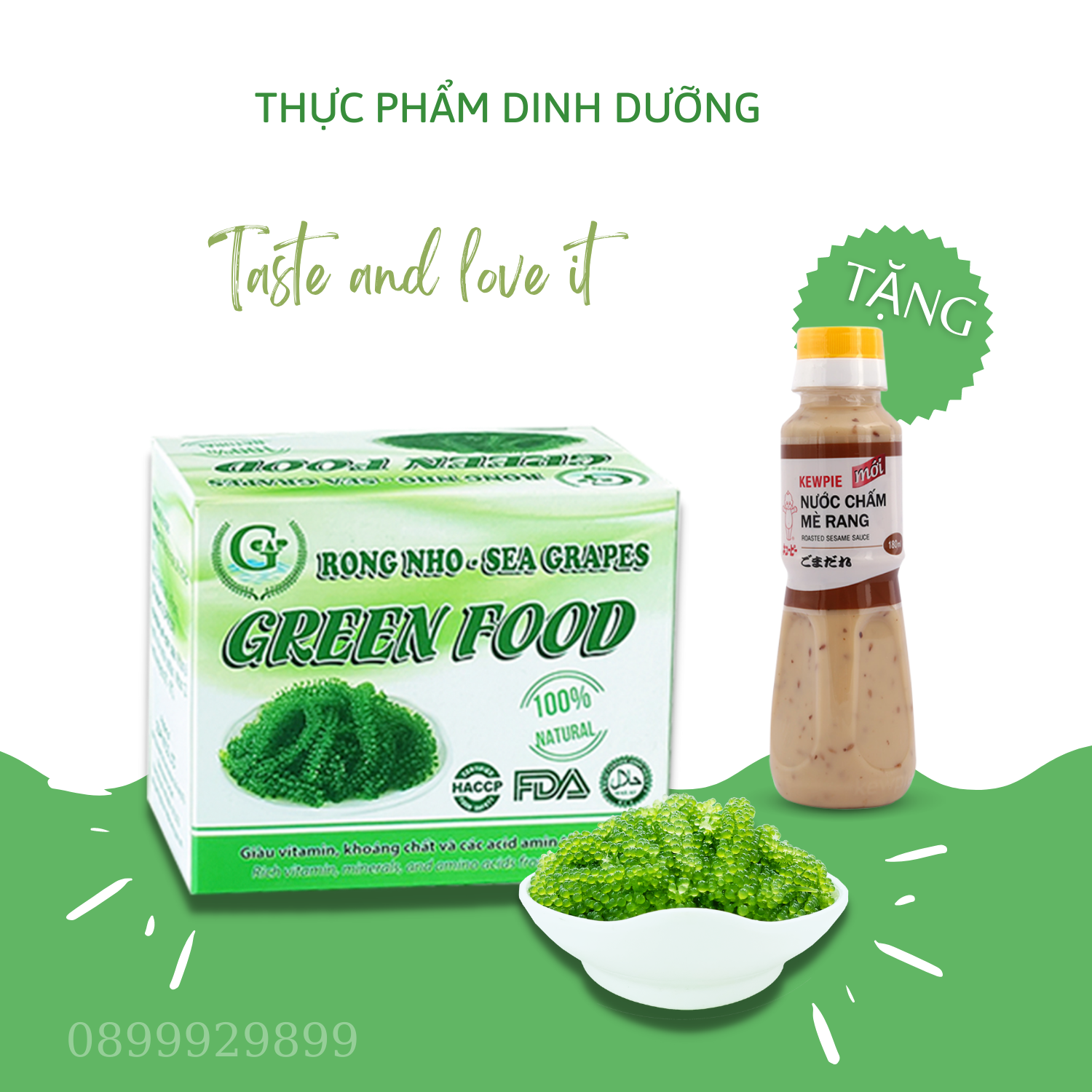 Rong nho biển Green Food - Hộp 200G tặng kèm chai xốt mè rang 180ml - Hàng chính hãng