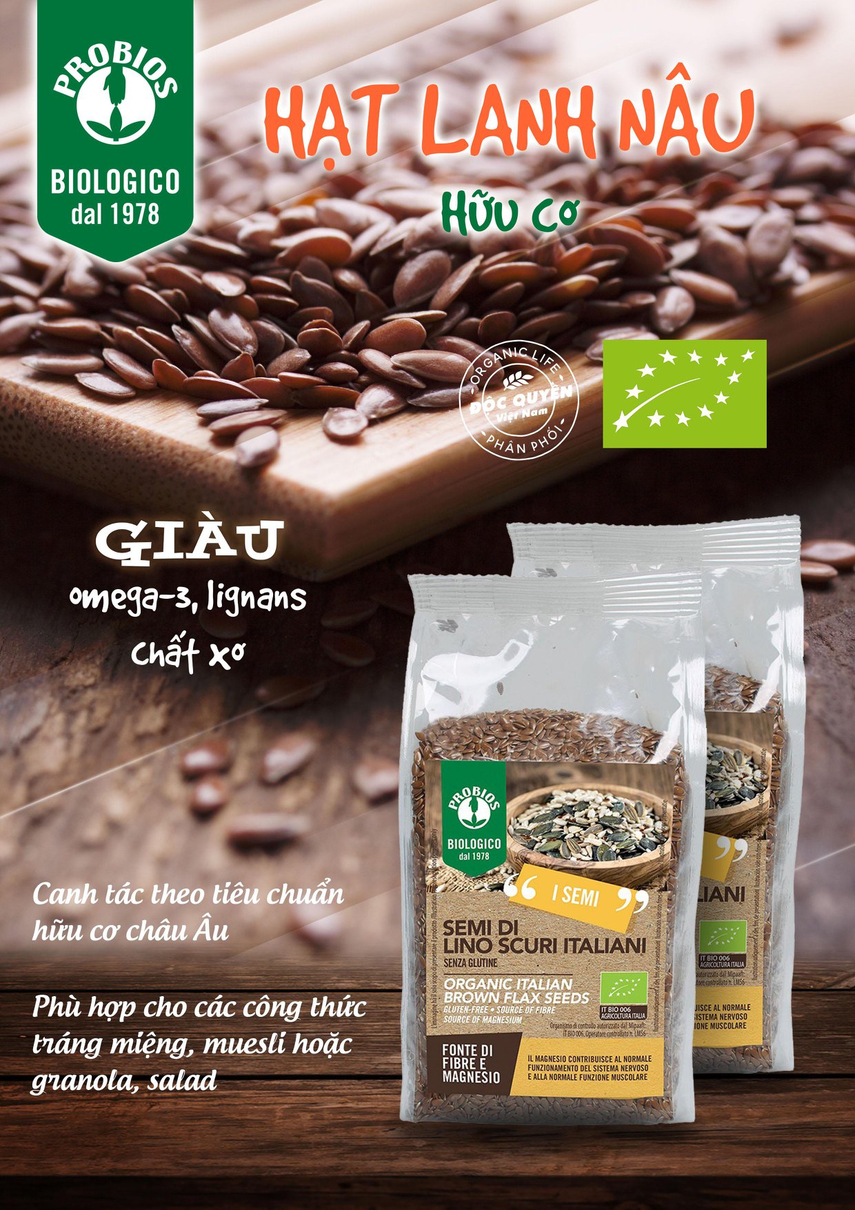 Hạt Lanh Nâu Hữu Cơ 500g ProBios Organic Italian Brown Flax Seeds