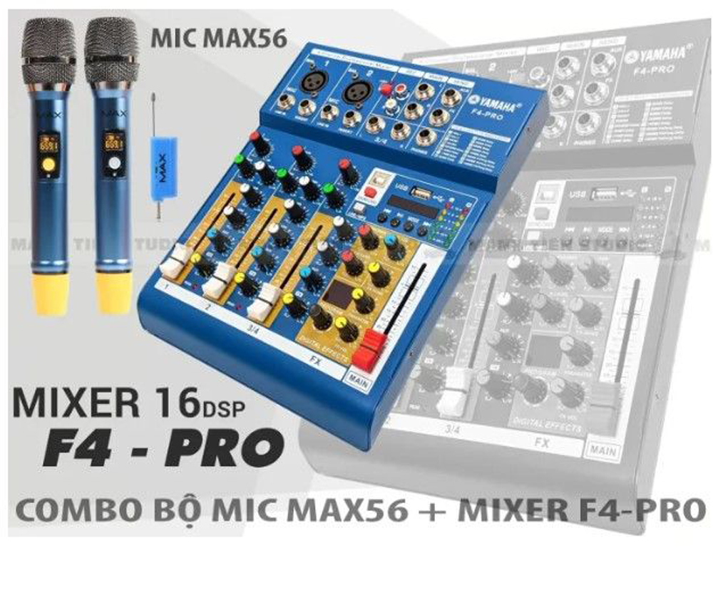 Combo Bàn Trộn Mixer Yamaha F4 Pro, Tặng Kèm 2 Micro Không Dây Đa Năng Max 56, Tích Hợp 16 Chế Độ Va