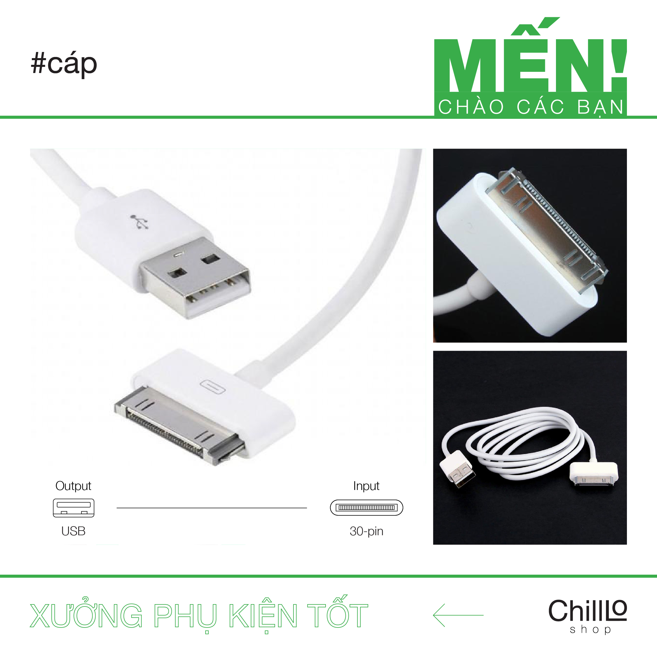 Dây cáp sạc usb to 30-pin cho điện thoại ip 4/ 4s vàtablet 2/ 3/ 4