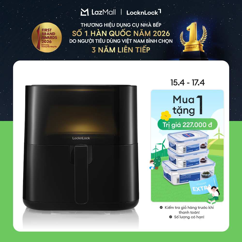 EJF996BLK - Nồi chiên không dầu LockLock 5.5L - Cửa trong suốt, cảm ứng, 7 chế độ nấu - Giỏ chiên chống dính tháo rời - Hàng chính hãng
