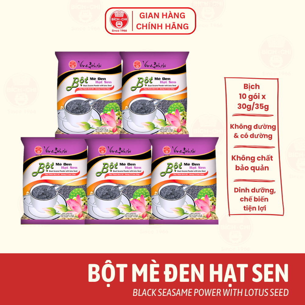 Combo 5 Bịch Bột Mè Đen Hạt Sen Bích Chi - Không Đường và Có Đường - Thơm Ngon, Dinh Dưỡng - (Bịch 10 Gói Lẻ)