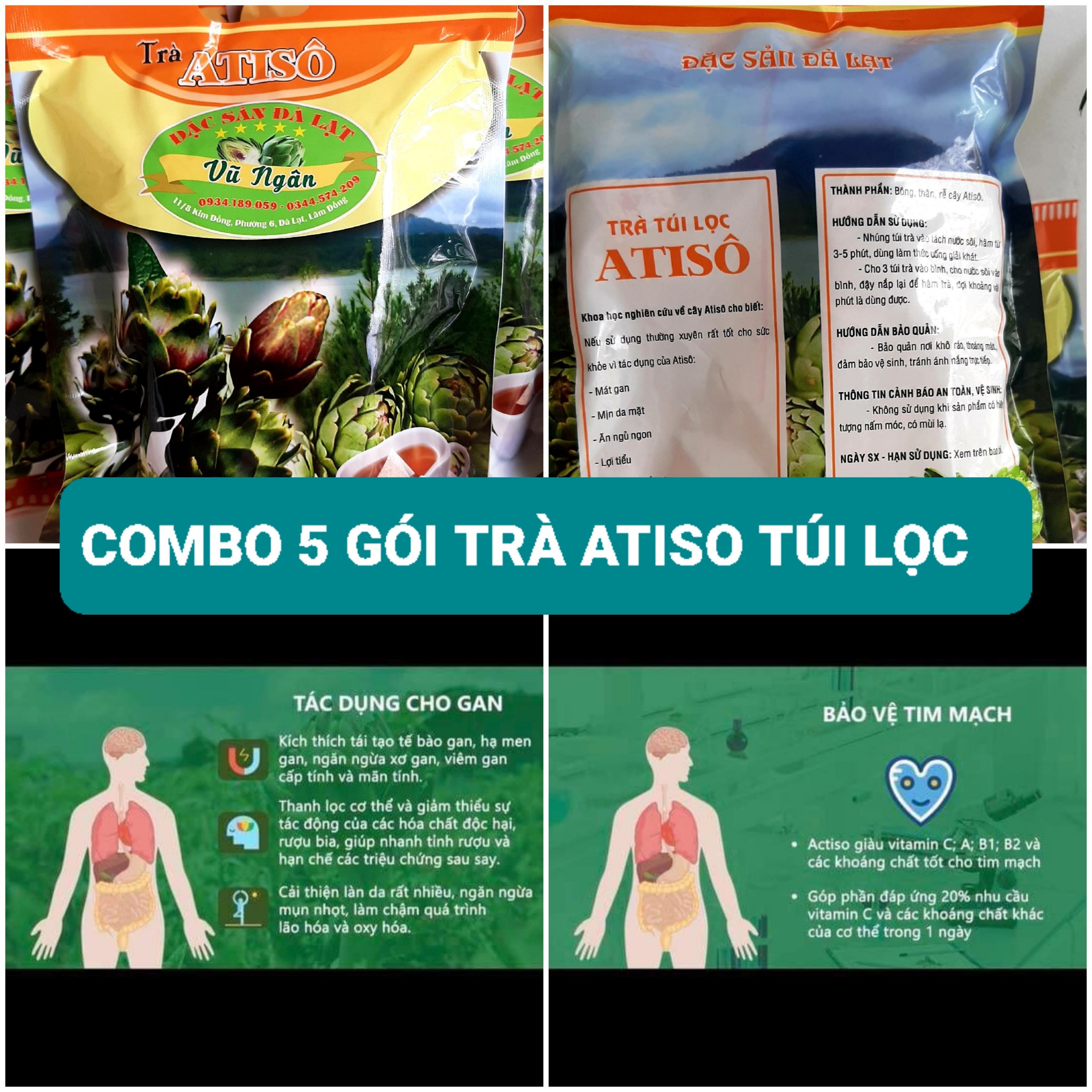 Combo 5 gói trà atiso túi lọc vũ ngân loại thượng hạng - đặc sản đà lạt - ngủ ngon, mát gan, đẹp da,.. 5 gói/1kg/500 túi lọc