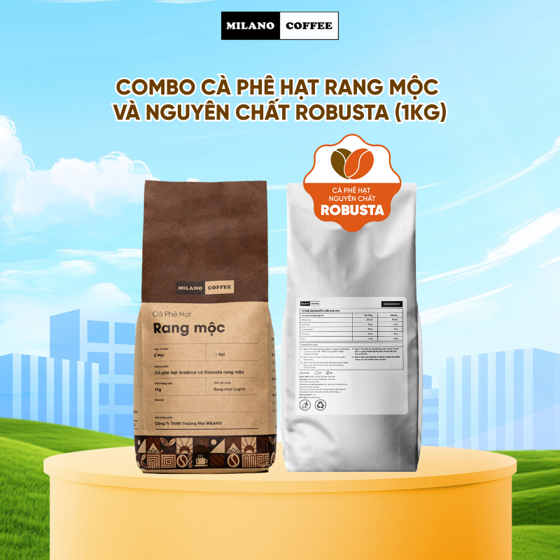 Combo cà phê hạt pha máy Milano Coffee - Cà phê hạt rang mộc và cà phê hạt nguyên chất Robusta (1kg)
