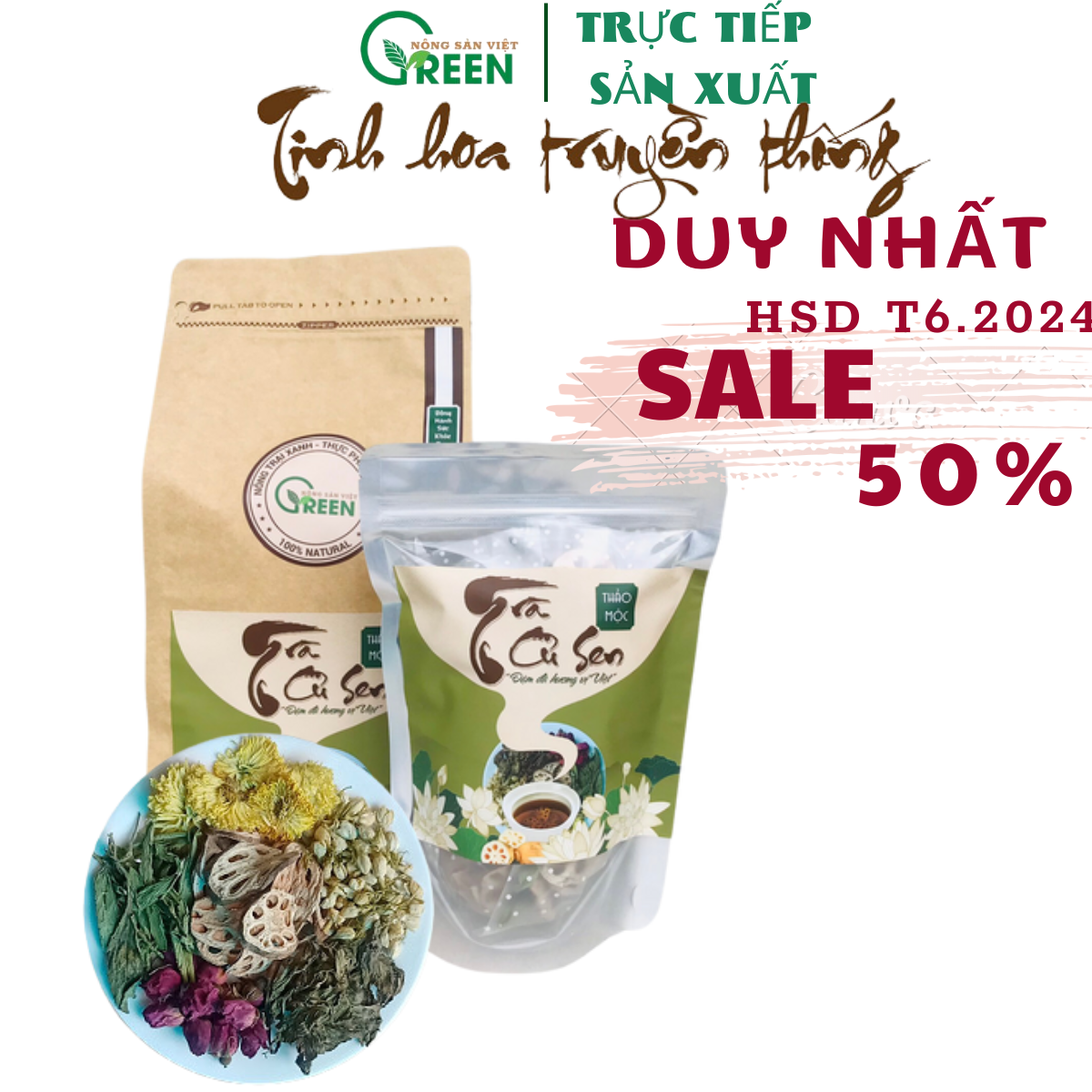 Trà củ sen Thảo Mộc thương hiệu Việt Green từ trà củ sen Hương sao vàng kết hợp thảo mộc 100% hữu cơ an thần, ngủ ngon