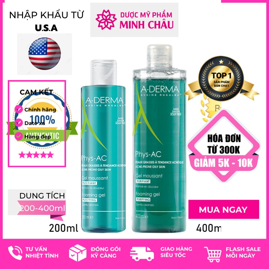 Sữa rửa mặt Aderma Gel Moussant Purifiant Phys-AC cho da dầu mụn, nhạy cảm