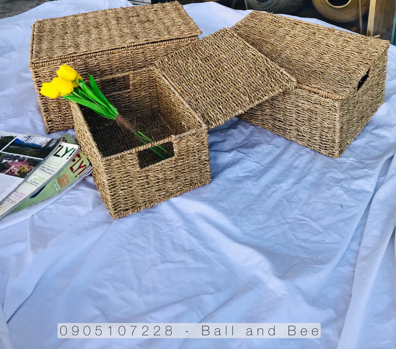 Sọt lục bình (bèo) hình chữ nhật phong cách vintage boho 3 kích thước có thể xếp chồng, hàng xuất khẩu loại 1