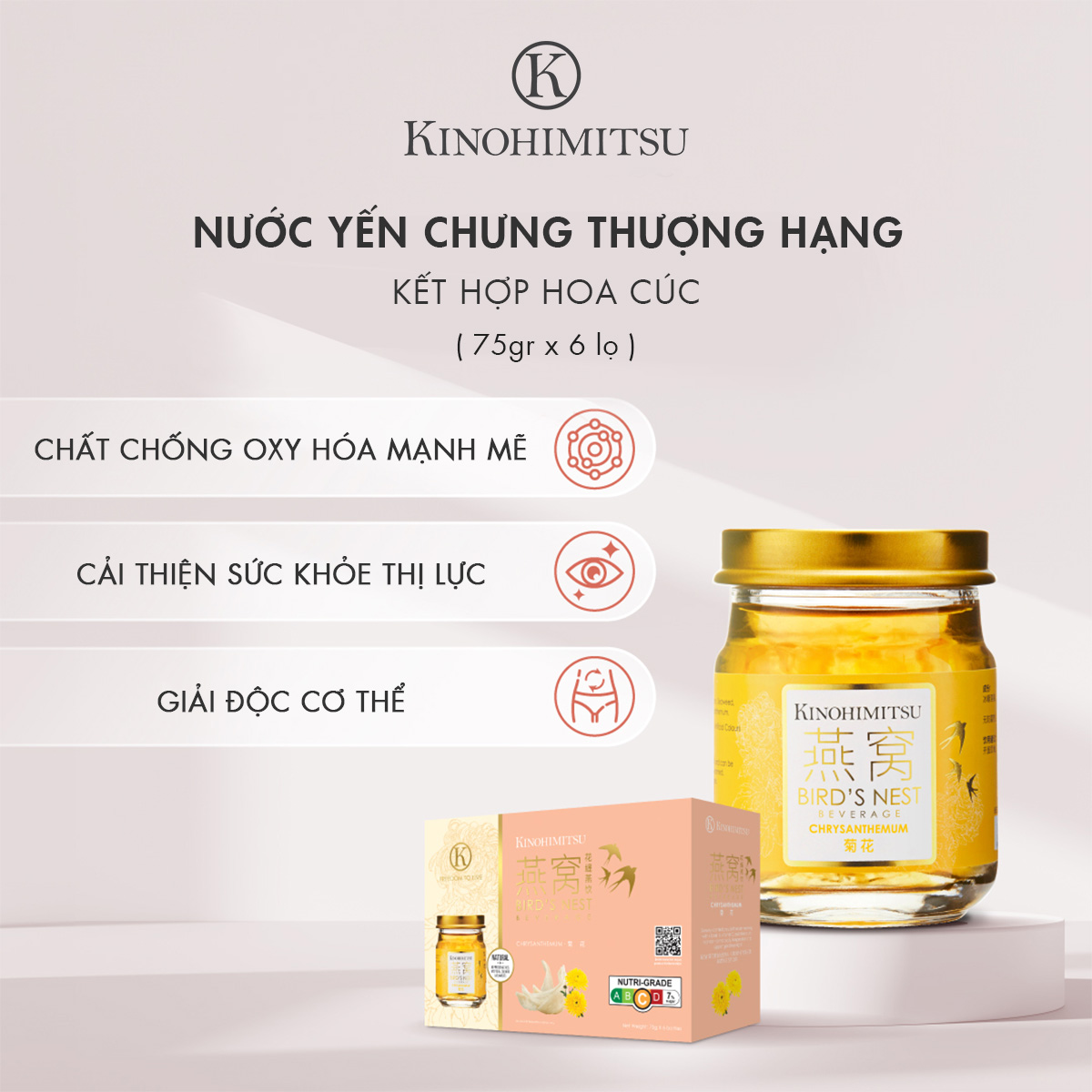 Nước yến chưng thượng hạng Kinohimitsu kết hợp hoa cúc 75g x 6 chai, 35% yến tươi, hộp quà tết