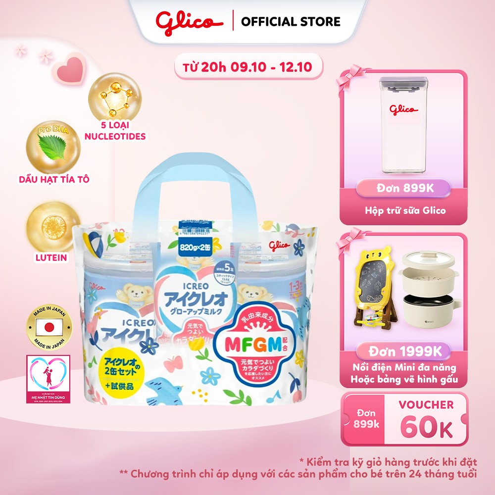 (VC60K-Quà) Combo 2 Lon Sữa Bột Dinh Dưỡng Glico Icreo Grow-Up Milk (Số 1-820g/lon) Tặng Kèm 5 Thanh Sữa Tiện Dụng 13.6g