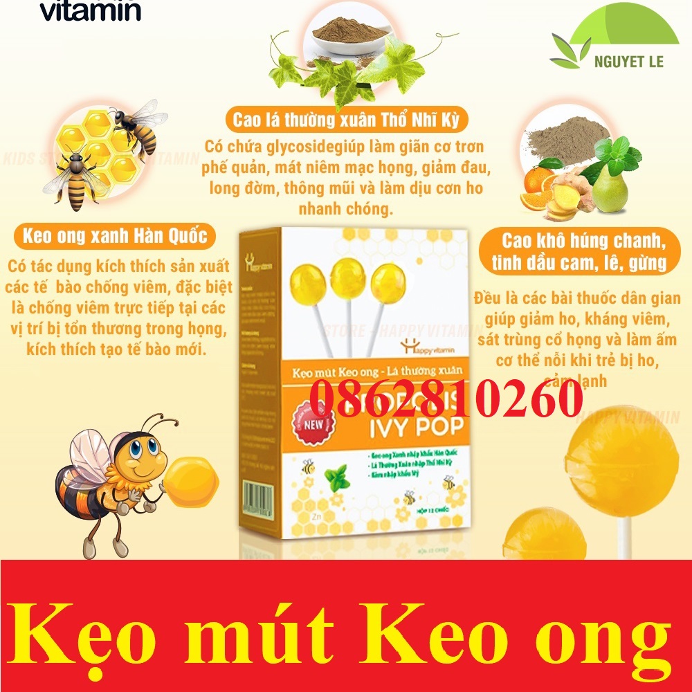 Kẹo mút keo ong lá thường xuân propolis ivy pop new happy vitamin hộp 12
