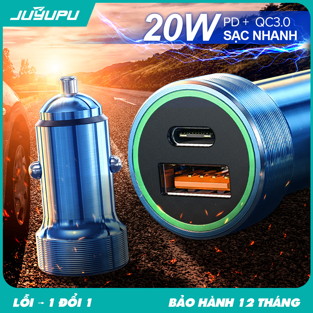 Tẩu sạc ô tô kim loại cao cấp sạc nhanh cổng PD QC3.0 20W chính hãng dành cho iPhone Samsung OPPO VIVO HUAWEI XIAOMI sạc xe hơi