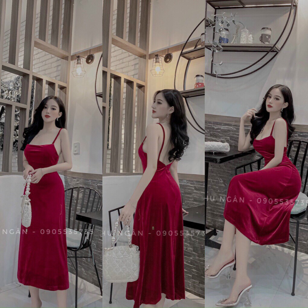 Váy đầm nữ sexy hở lưng xòe A dáng dài hở lưng chất liệu nhung trơn