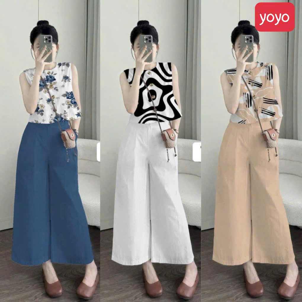 Bộ đồ nữ thanh lịch đi chơi đi du lịch sang trọng áo sát nách quần dài ống rộng